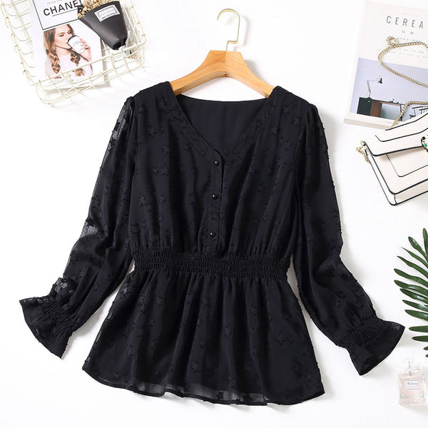 Latitia Plus Size Stars Chiffon Peplum Long Sleeve Blouse