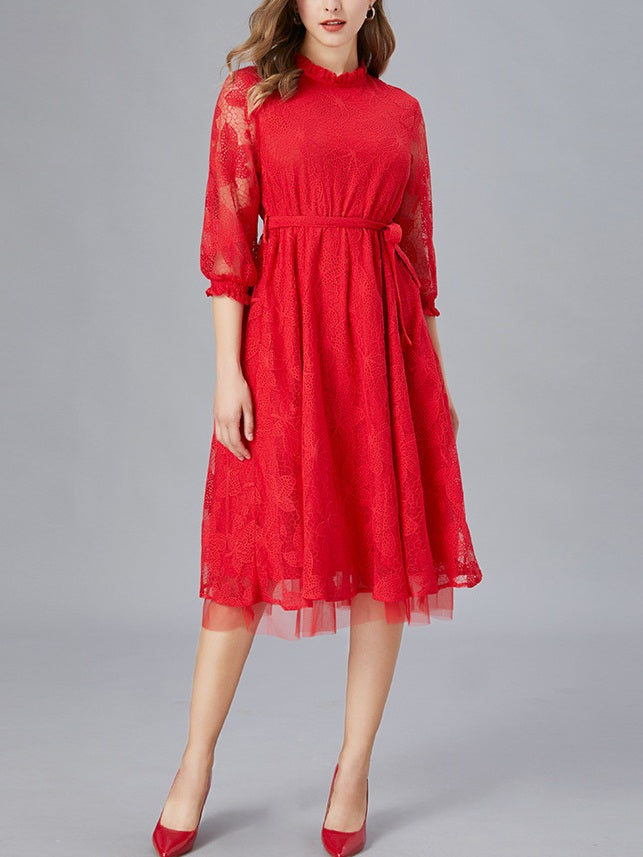 Vayden Plus Size Frill High Neck Red Lace Tulle Balloon Sleeve Swing Waist Tie Mid Sleeve Dress