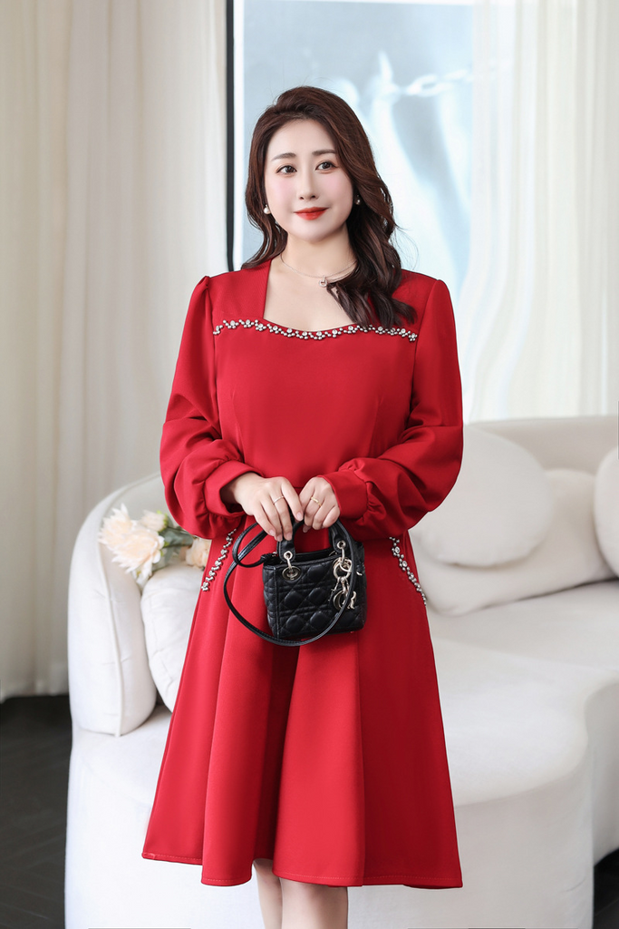 bright red long sleeve dress