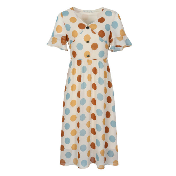 Plus Size Retro Polka Dots V Neck Short Sleeve Midi Dress