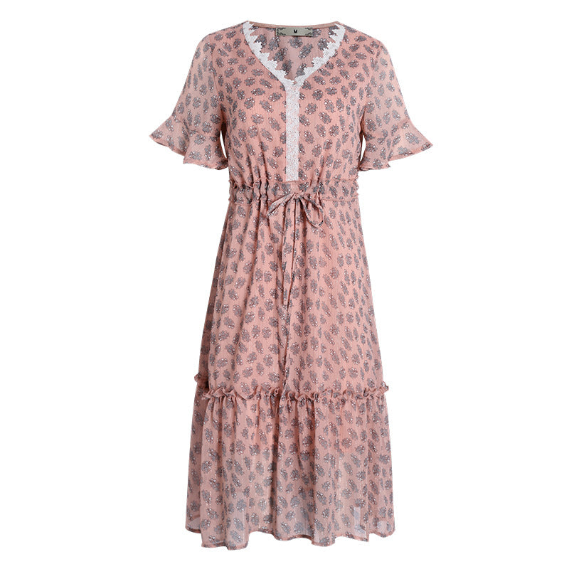 Plus Size Pink Lace Chiffon Short Sleeve Midi Dress