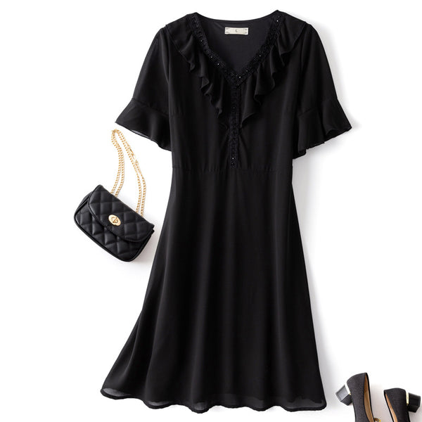 Plus Size Chiffon Frill Embellished Short Sleeve Dress