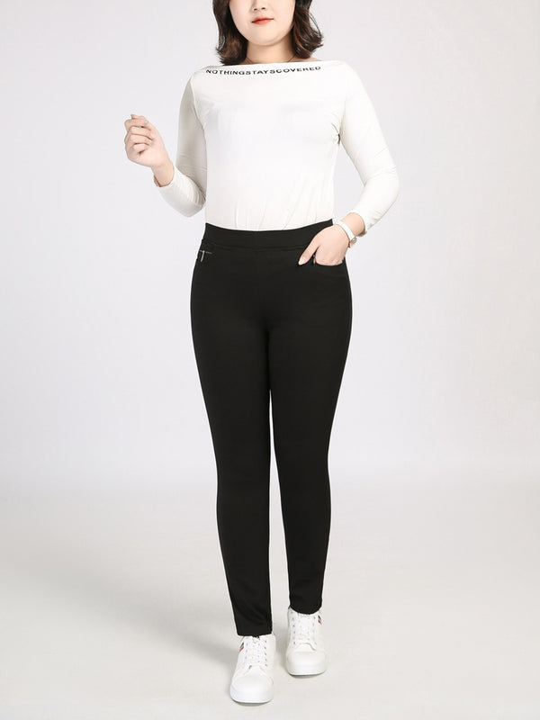 Plus Size Zipper Pockets Stretchy Skinny Long Pants (Black) (EXTRA BIG SIZE)