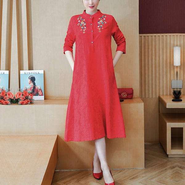 Plus size little floral embroidery mandarin collar long sleeve midi dress