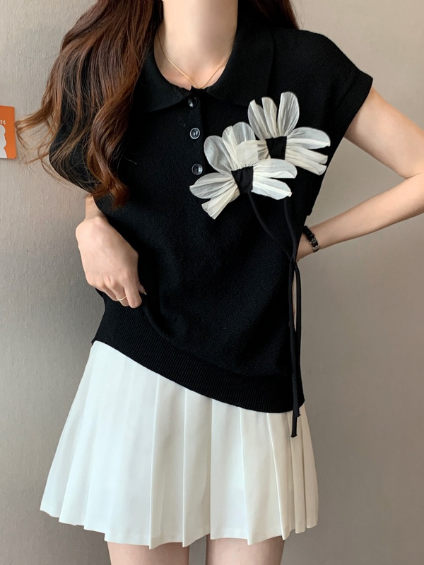 Plus Size 3D Flowers Polo Blouse