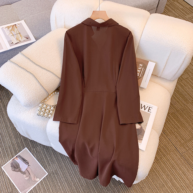 Plus Size Brown Pleat Long Sleeve Shirt Dress