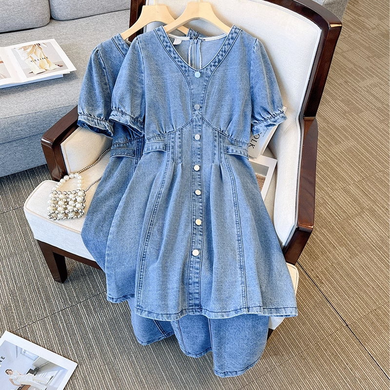 Plus Size Denim V Neck Korean Dress