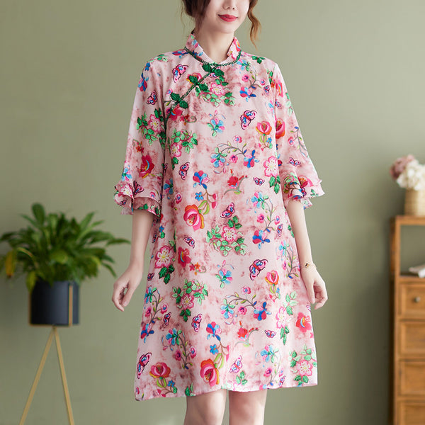 Plus Size Floral Chiffon Cheongsam Dress