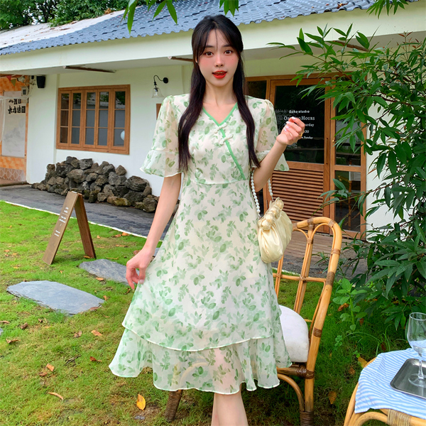 Plus Size Green Leaf Cheongsam Dress