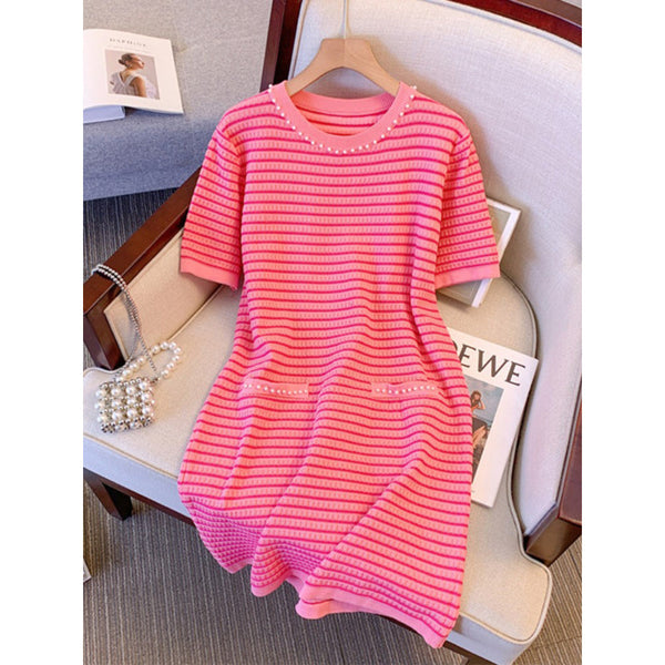 Plus Size Korean Pink Stripes Dress