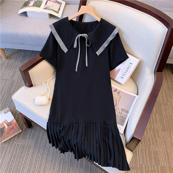 Plus Size Korean Pleat Ribbon Dress