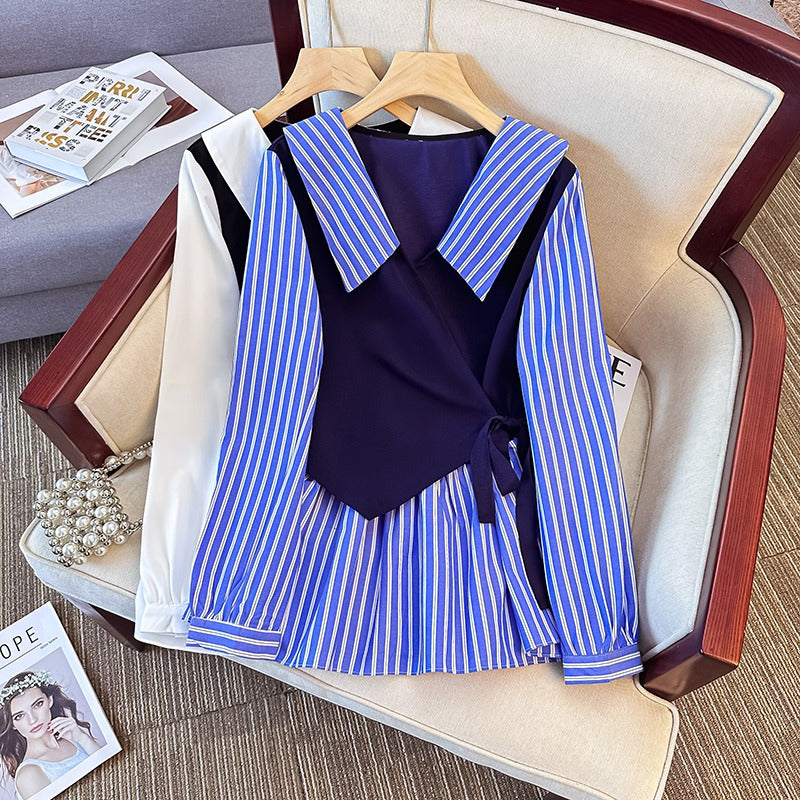 Plus Size Korean Stripe Long Sleeve Shirt