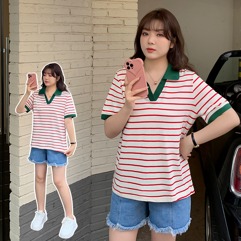 Plus Size Korean Stripe Polo T Shirt Top Extra Big Size Pluspreorder