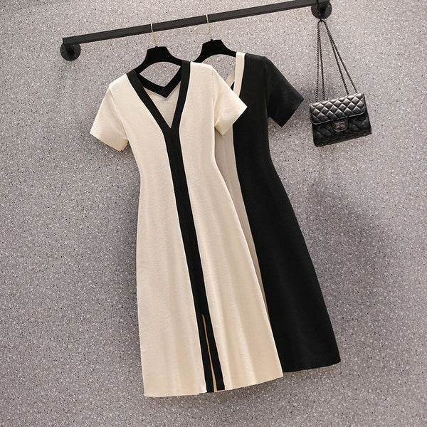 Plus Size Monochrome Knit V Neck Dress