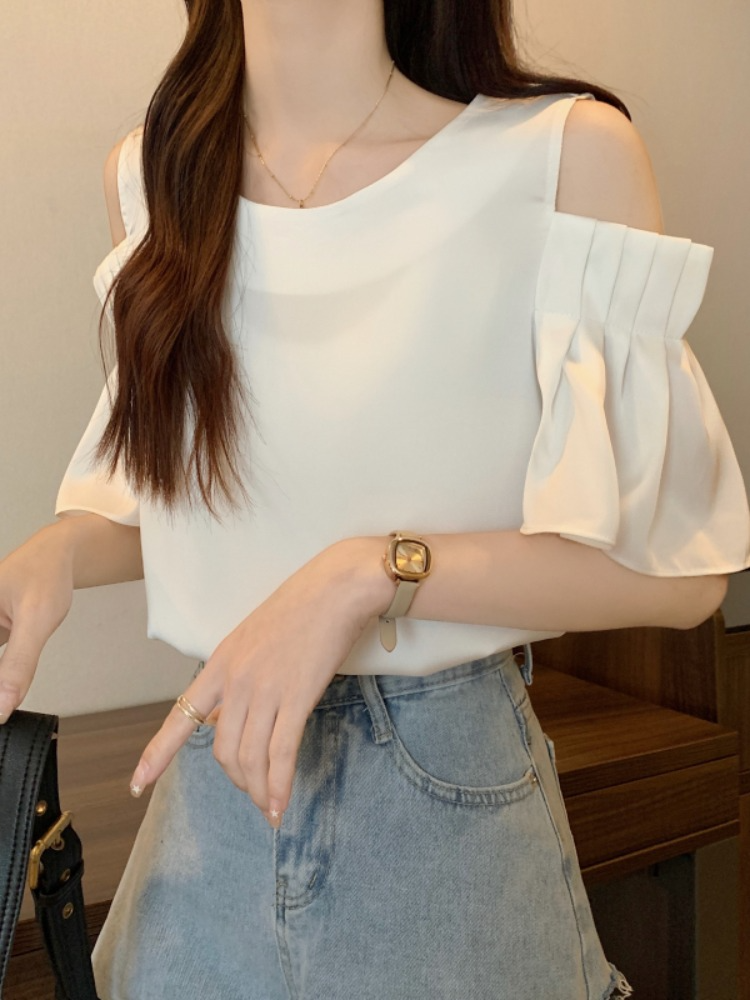 Plus Size Off Shoulder Pleat White Blouse