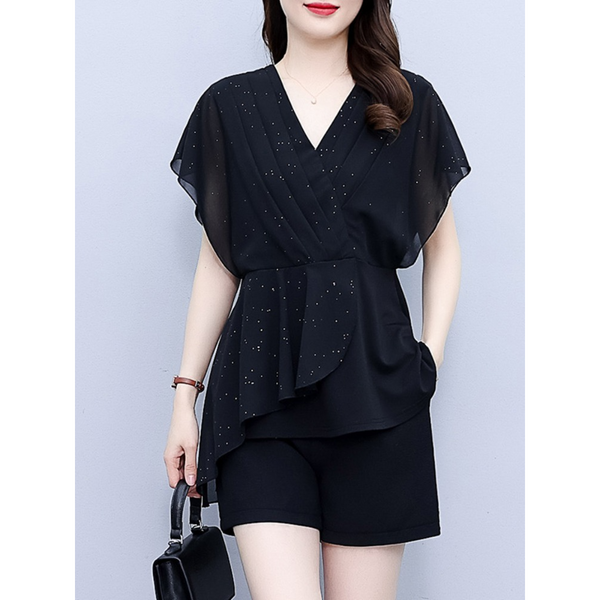 Plus Size Pleat Chiffon Layer Wrap V Neck Kimono Blouse