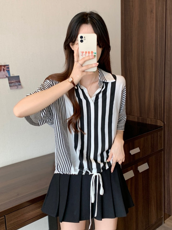 Plus Size Stripes Drawstring Shirt Blouse