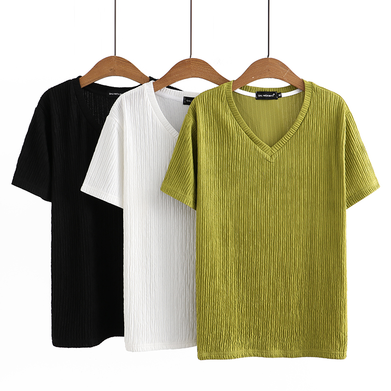 Plus Size Textured V Neck T Shirt