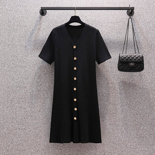 Plus Size V Neck Buttons Dress