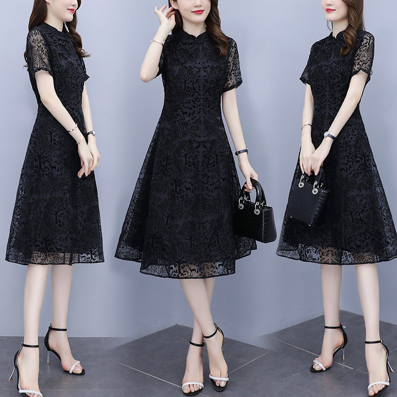 Plus size black textured a line cheongsam