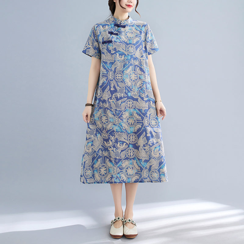 Plus Size Blue Cheongsam Midi Dress