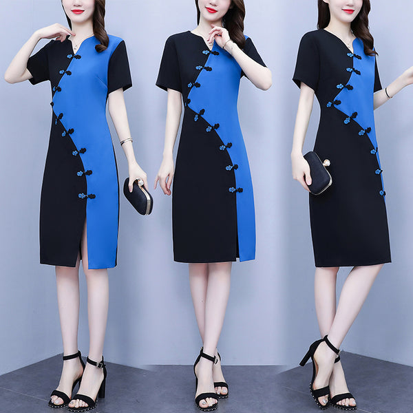 Plus size colour block blue cheongsam dress