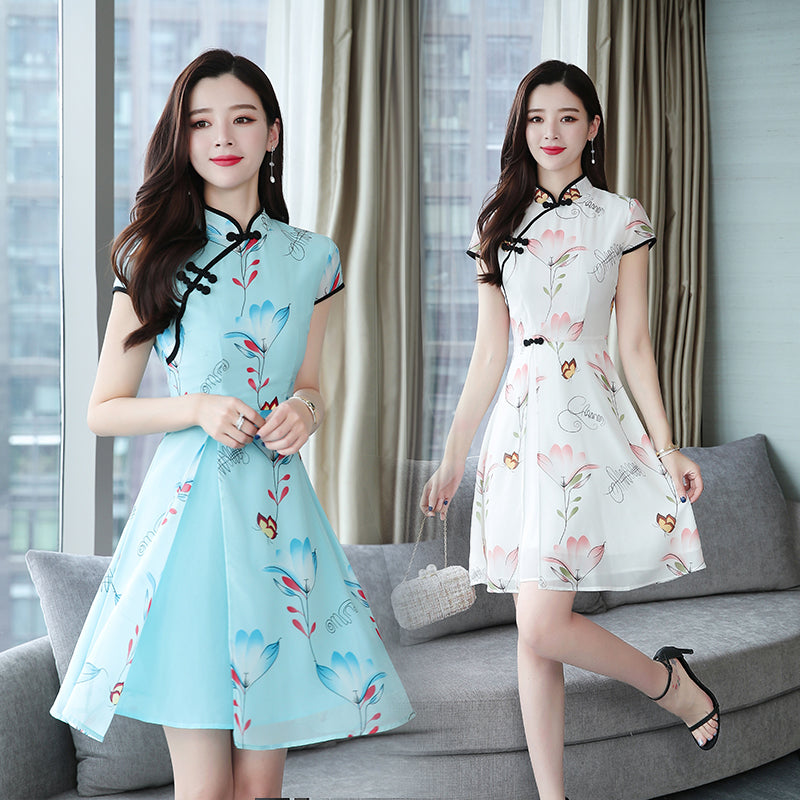 Plus Size Floral Chiffon Cheongsam Dress