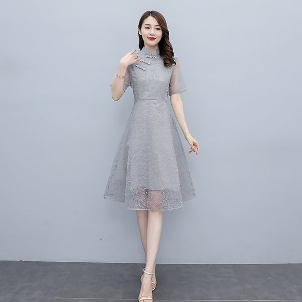 Plus size grey textured a line cheongsam