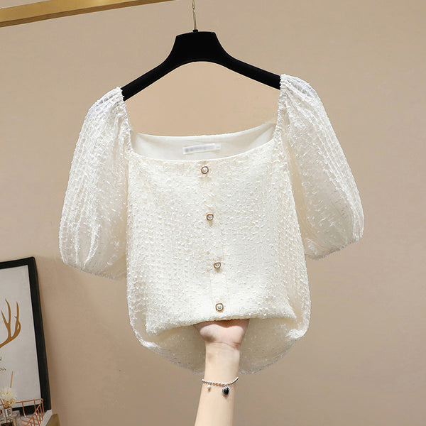 Plus Size Korean Square Neck Buttons Blouse