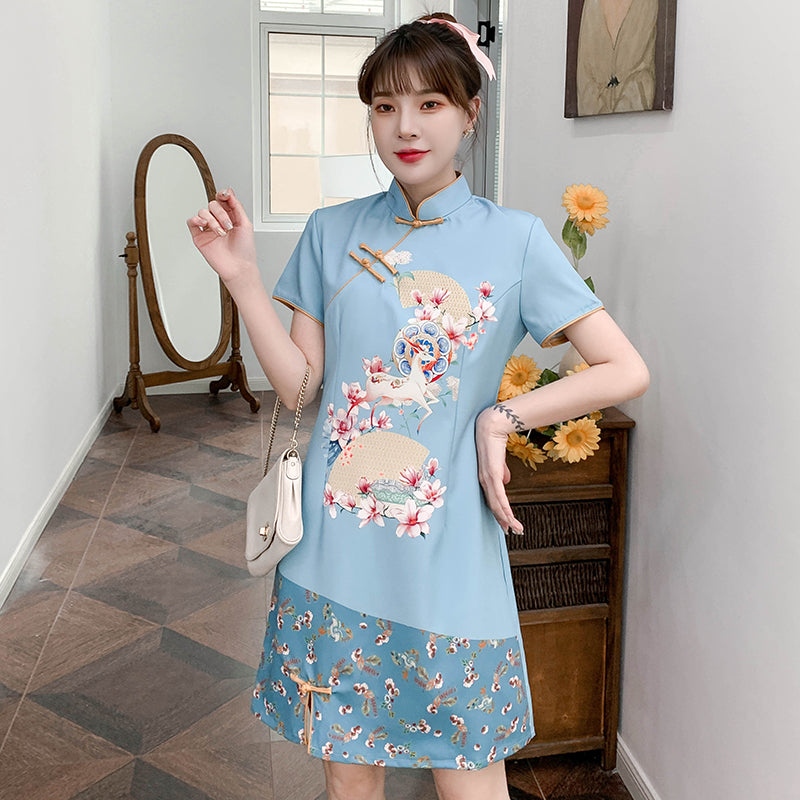 Plus Size Light Blue Oriental Cheongsam