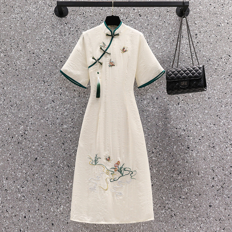 Plus size white green butterfly embroidered tassel cheongsam dress