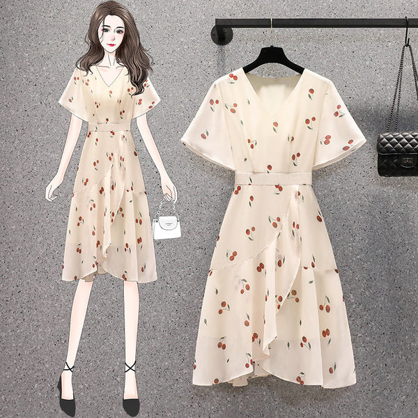 Plus Size Wrap White Cherry Chiffon Dress