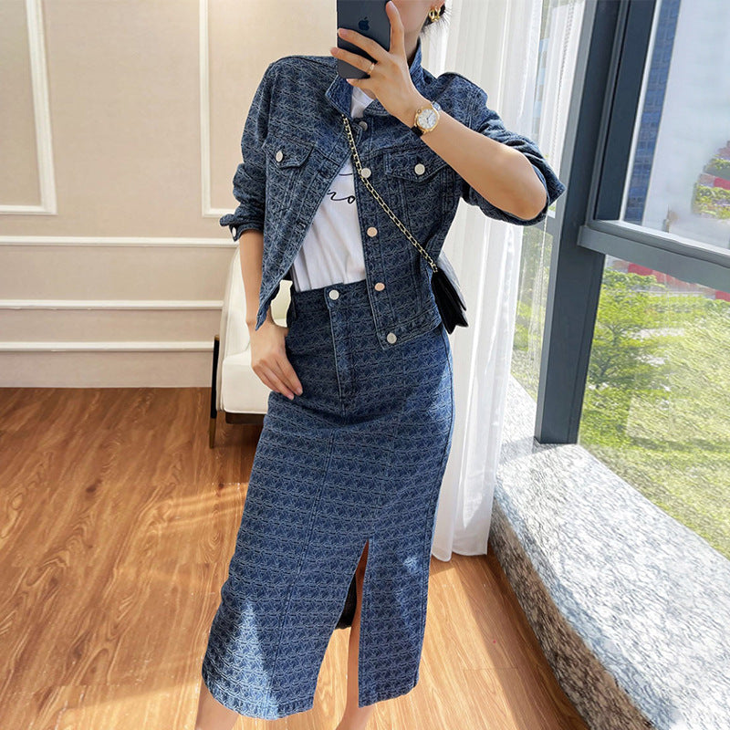 Plus size denim cheap skirt and jacket set