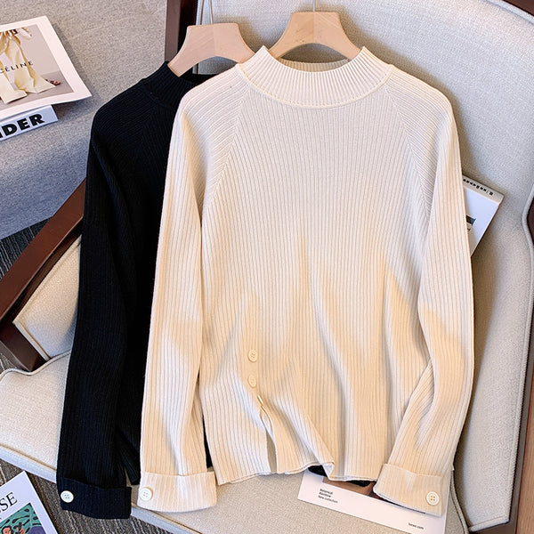 Plus size high neck korean thick button sweater