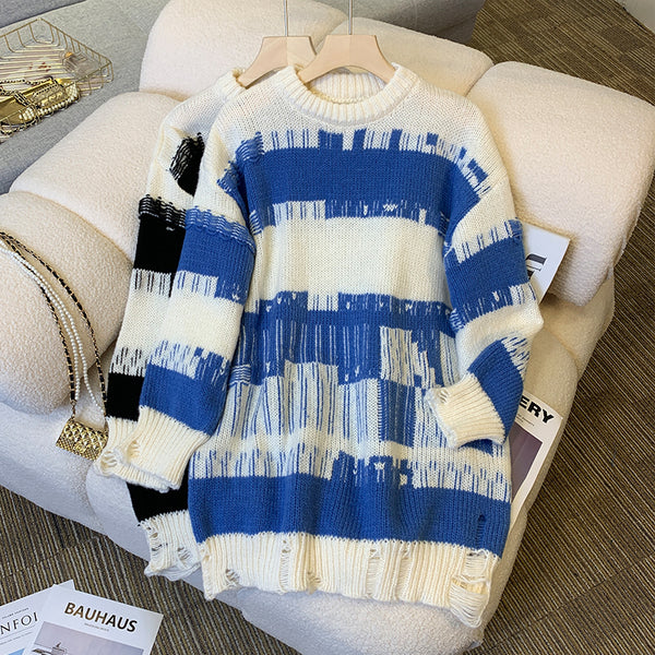 Plus size korean destroyed shapes stripe tunic sweater