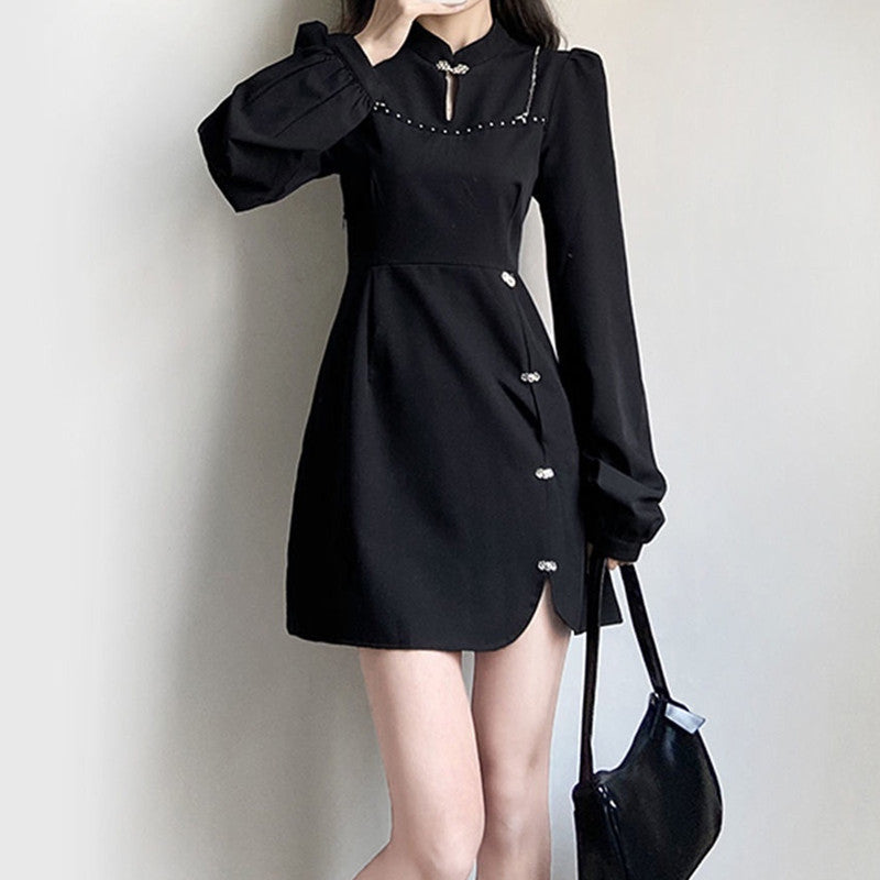 Plus size modern black long sleeve cheongsam