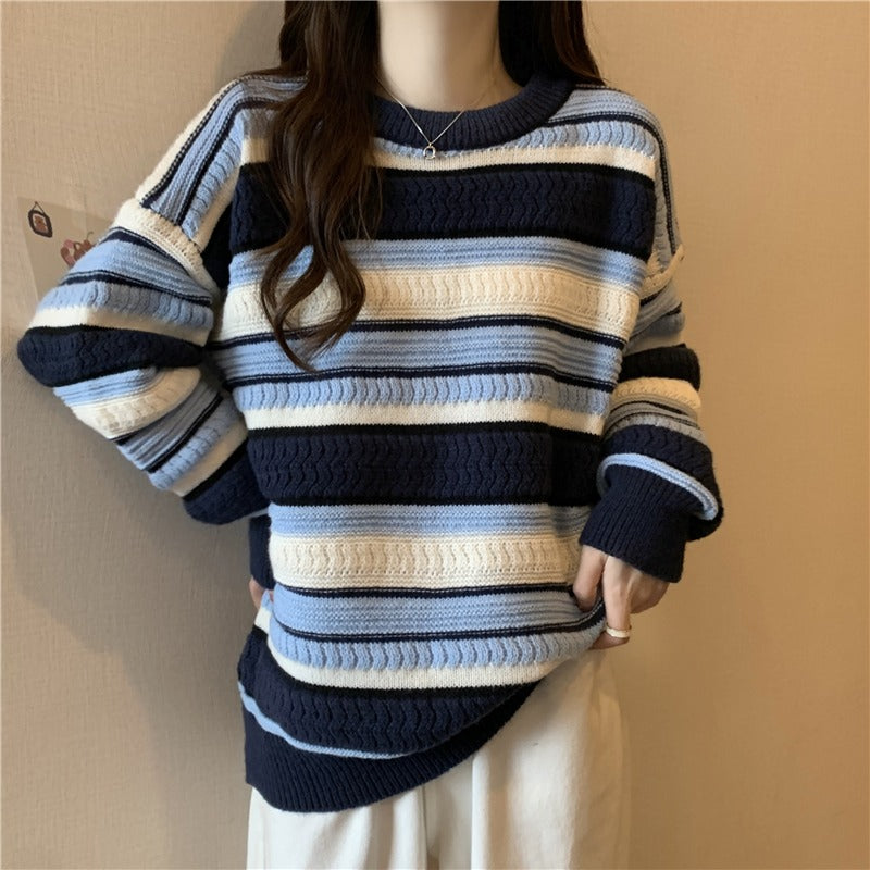 Plus size stripe cableknit blue stripe sweater