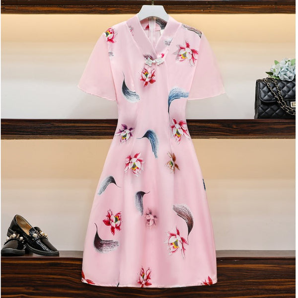 Plus size v neck pink oriental print cheongsam dress