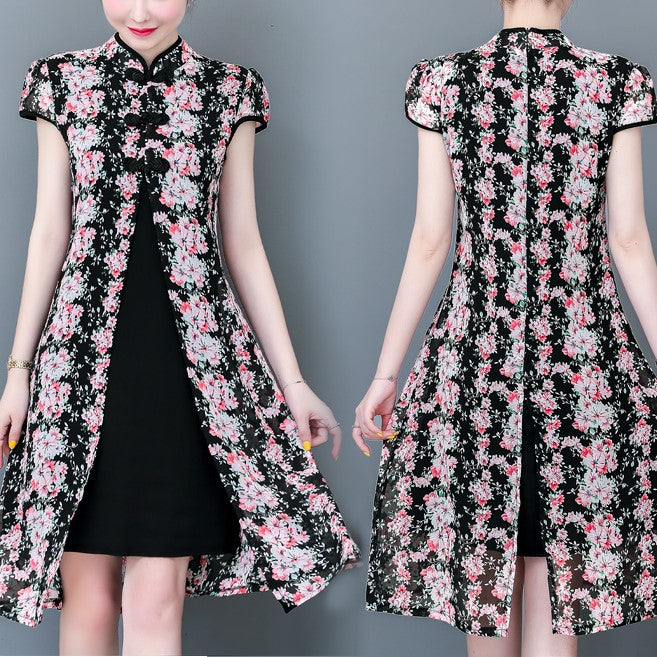 plus size black floral cheongsam