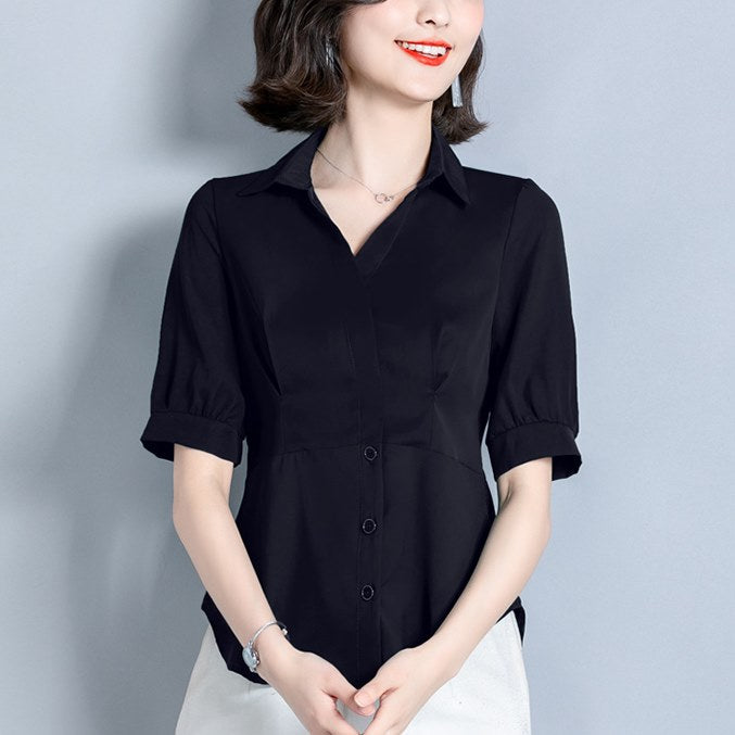 zhizaihu work blouses for women fashion 2023 v neck short sleeve blouse  loose casualsolid color plus size tops black polyester,spandex 
