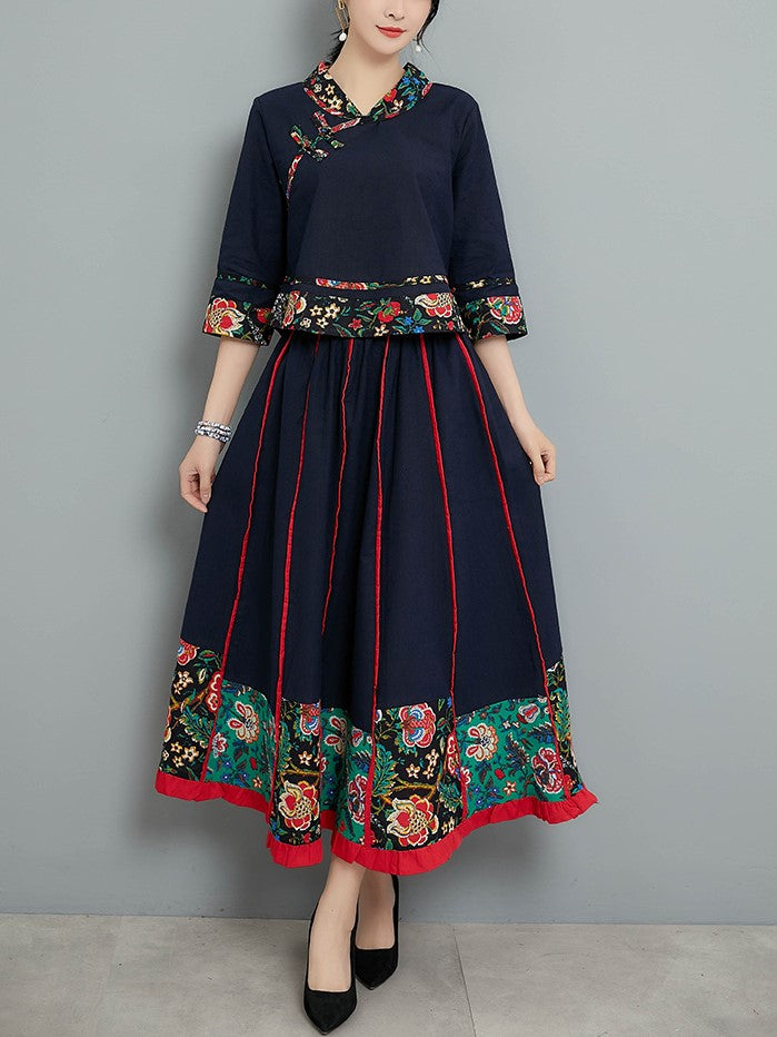 Plus Size Cheongsam Mid Sleeve Blouse And Long Maxi Skirt Set