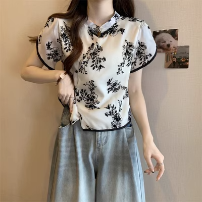 (M-4Xl) Plus Size Cheongsam Short Sleeve Blouse