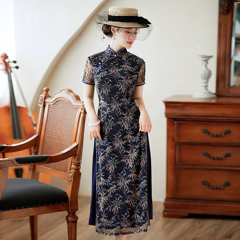 (M-4Xl) Plus Size Stretchy Leafs A Line Navy Cheongsam Dress