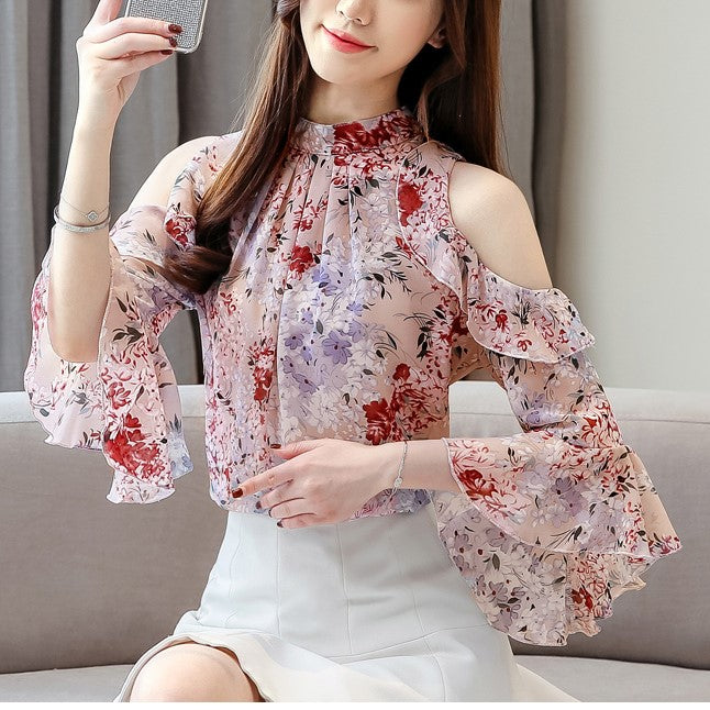 Plus Size Off Shoulder Floral Lace Chiffon Short Sleeve Top