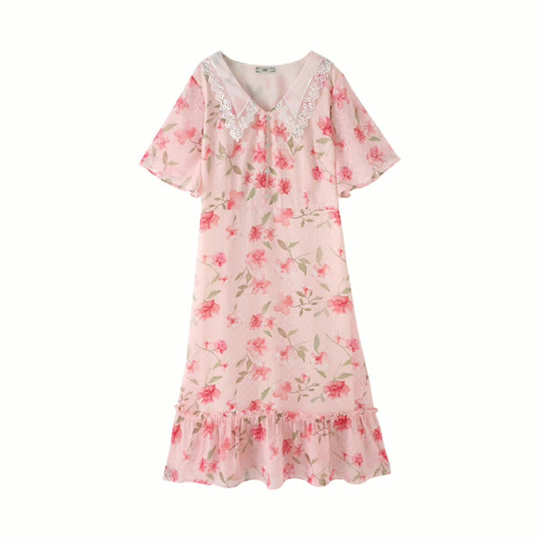 Plus Size Collar Pink Floral Midi Dress