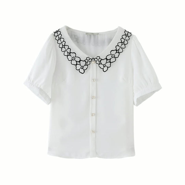 Plus size white lace collar pearl blouse