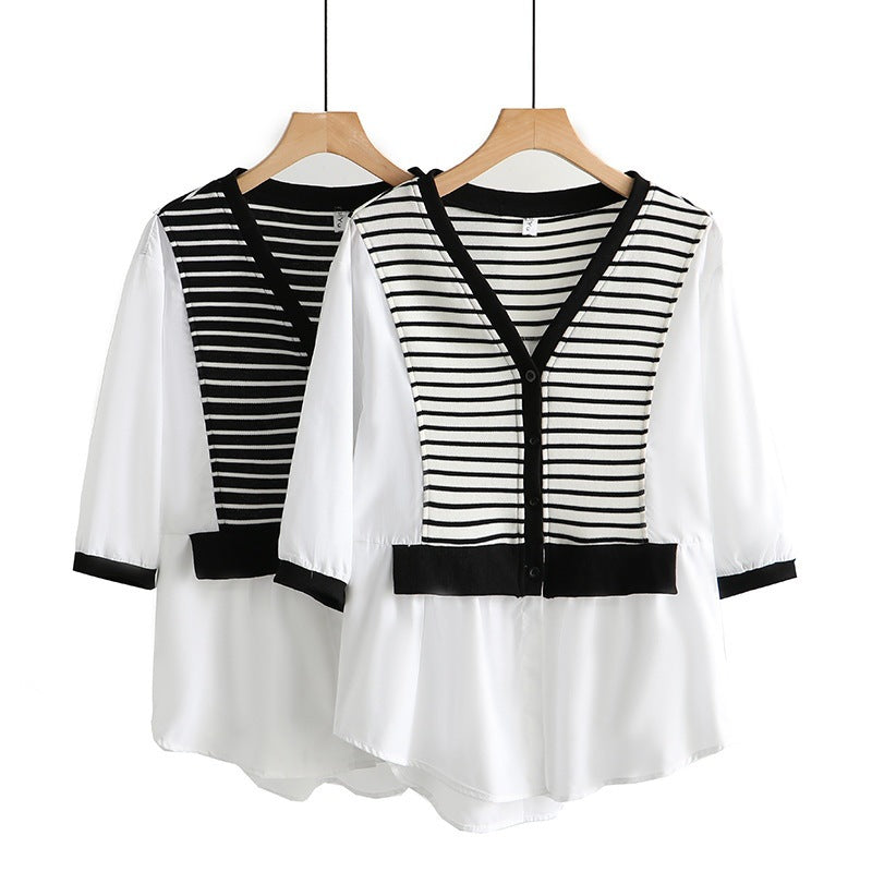 Plus Size Stripes Layer Mid Sleeve Blouse Extra Big Size Pluspreorder