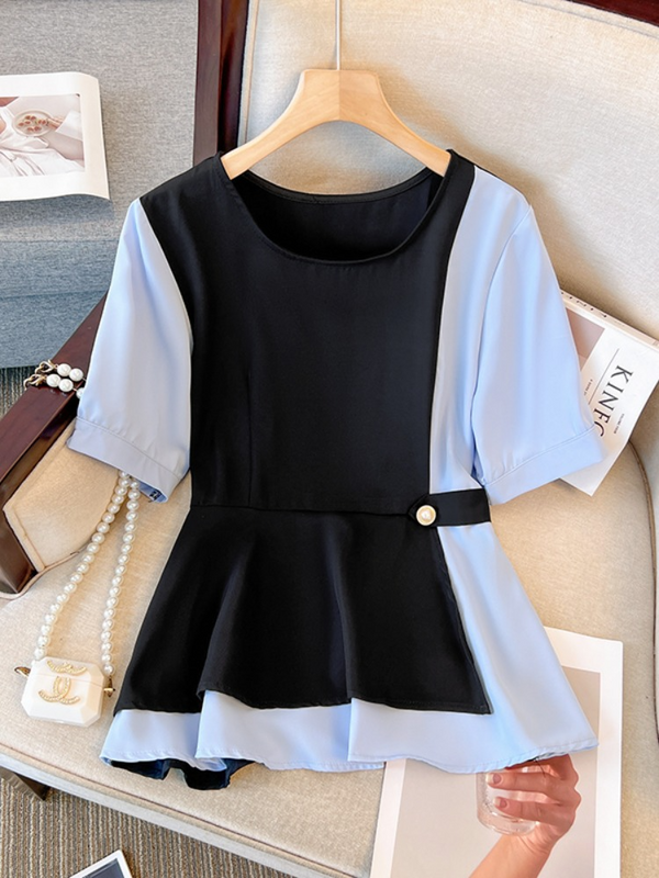 Plus Size Blue Peplum Short Sleeve Top