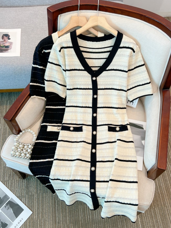 Plus Size Chanelesque Stripe Knit Shift Dress