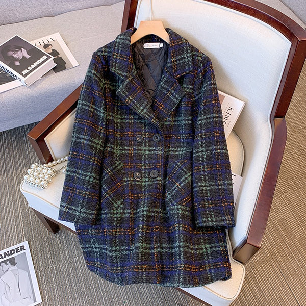 Plus Size Checked Woolen Coat